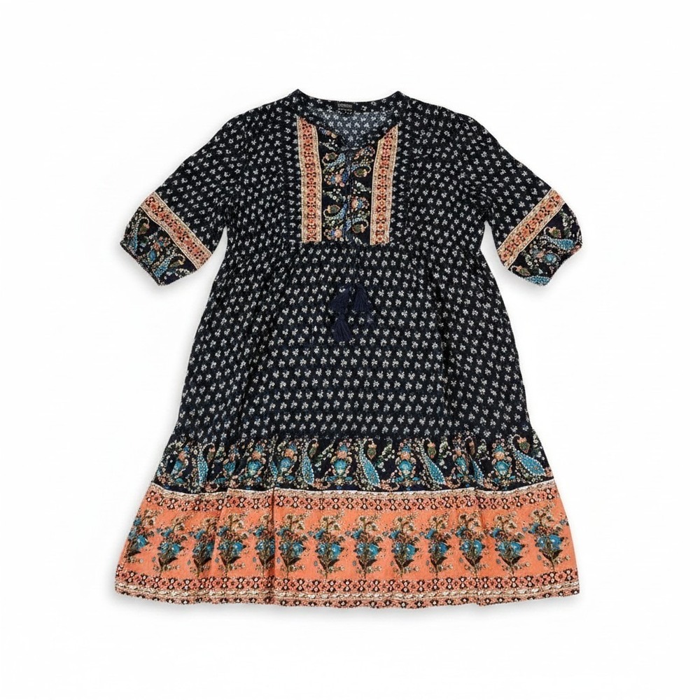 BloomChic Plus Size 26 Navy Paisley Floral Boho Tassel Babydoll Mini Dress 4XL